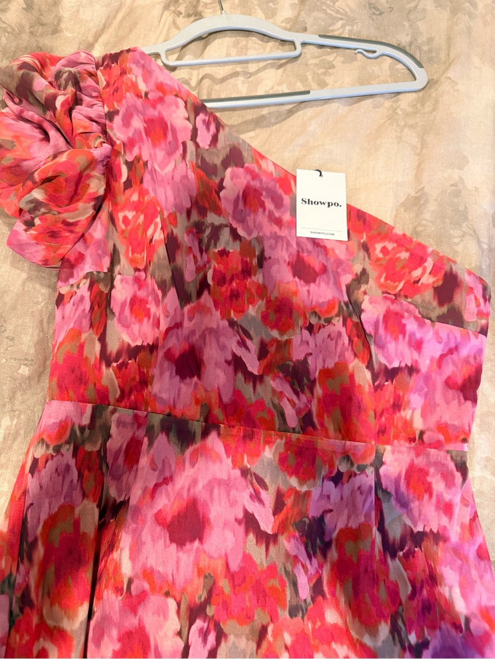 Showpo. One-Shoulder Floral Midi Dress in Pink and Red